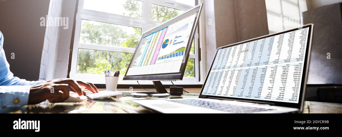 African American Office Employee Auditor Using Spreadsheet Stock Photo