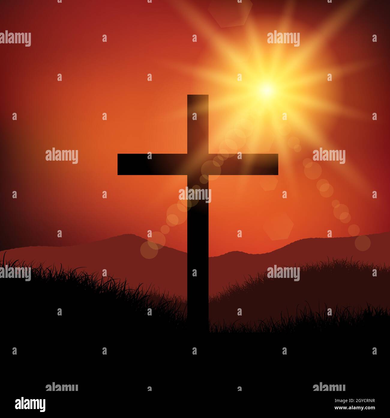 Good Friday Easter landscape with cross Stock Photo