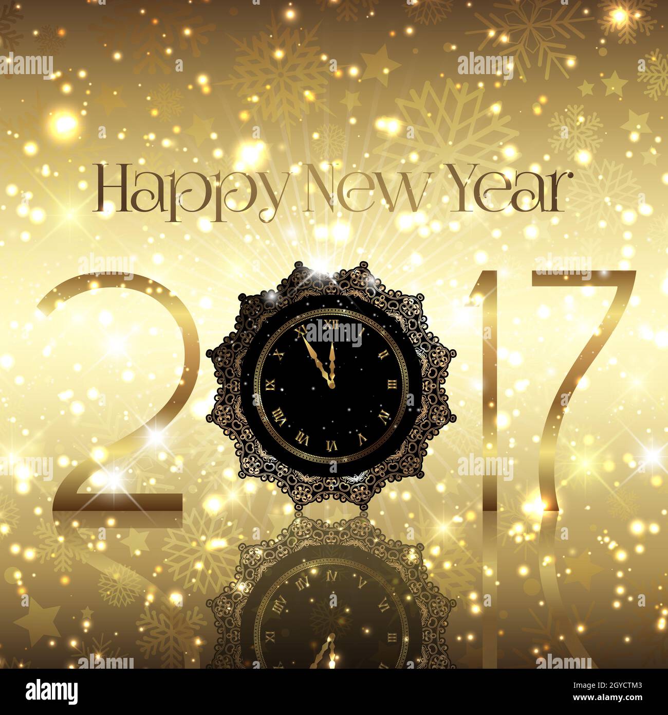 Golden Happy New Year background with a clock design Stock Photo - Alamy
