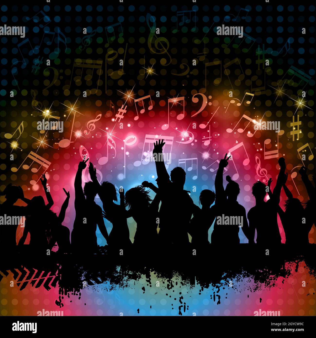 Silhouette of grunge crowd on a music notes background Stock Photo - Alamy