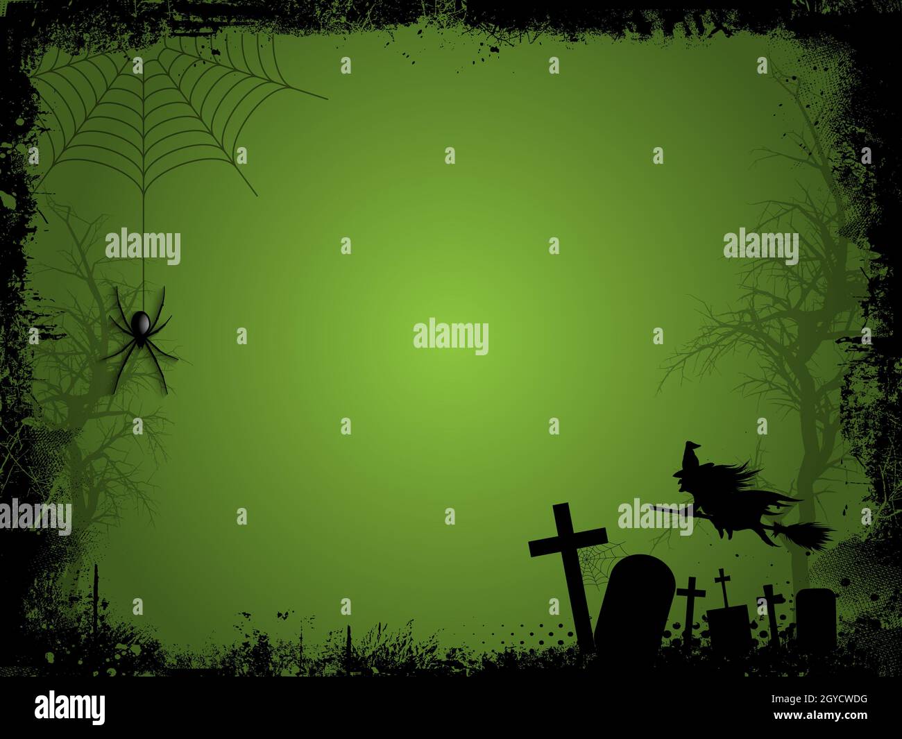 Grunge Halloween background with graves, witch and hanging spider Stock ...