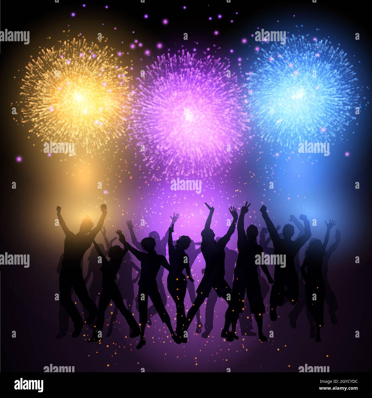 Silhouettes of people dancing on a fireworks background Stock Photo