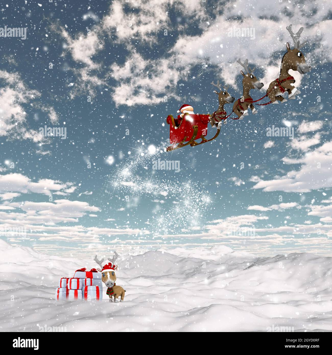 3D render of a snowy landscape with Santa and his reindeers Stock Photo