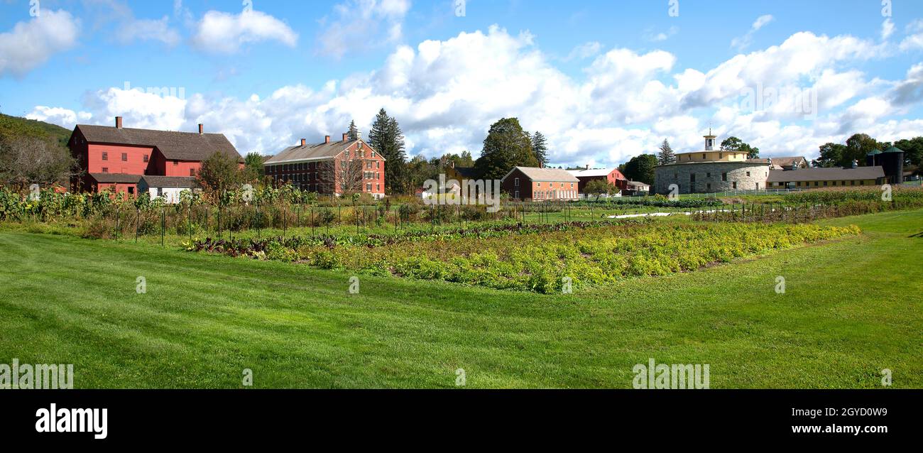 Hancock Shaker Museum, Pittsfield, Massachusetts, USA - A Shaker commune established in the 1780's. Panoramic view of the village. Stock Photo