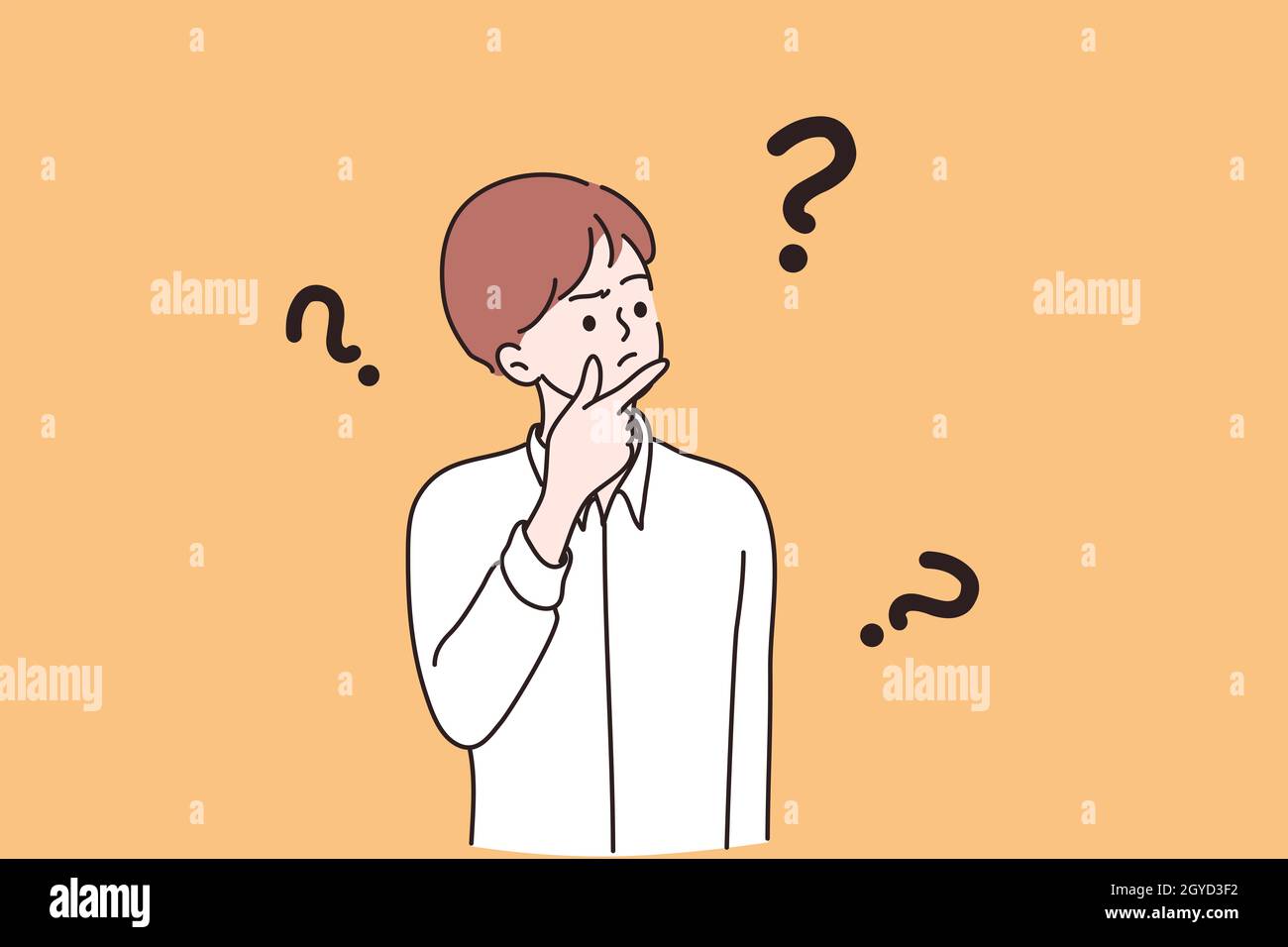 Feeling doubt, question, making decision concept. Young frustrated man or boy cartoon character standing feeling doubt with question signs above vecto Stock Photo