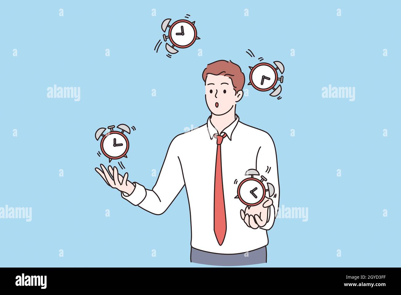 Successful time management concept. Young business man cartoon character successfully juggling managing his time feeling confident vector illustration Stock Photo