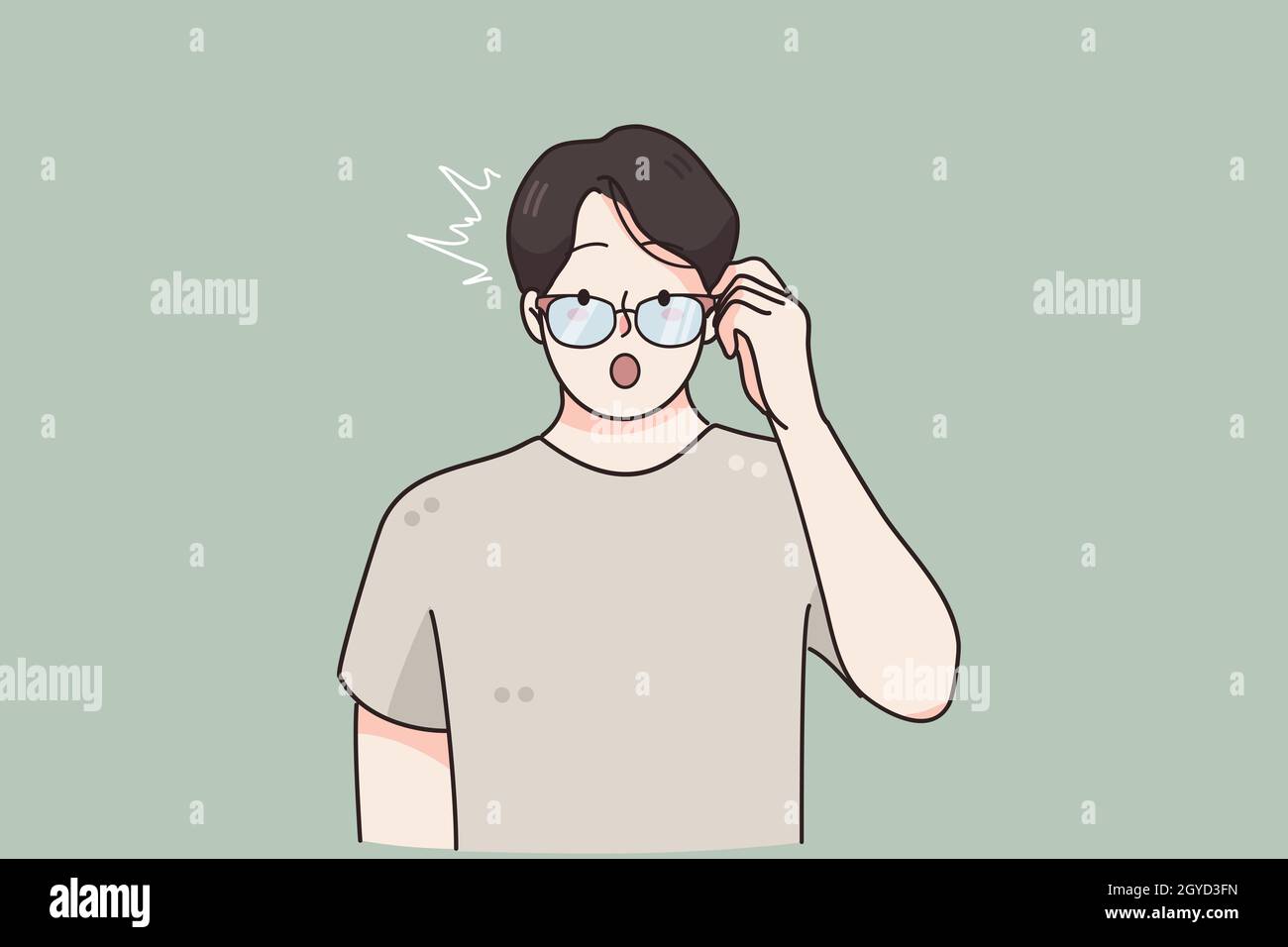 Surprise, emotions expression, frustration concept. Terrified young male cartoon character staring through glasses feeling surprised finding out about Stock Photo