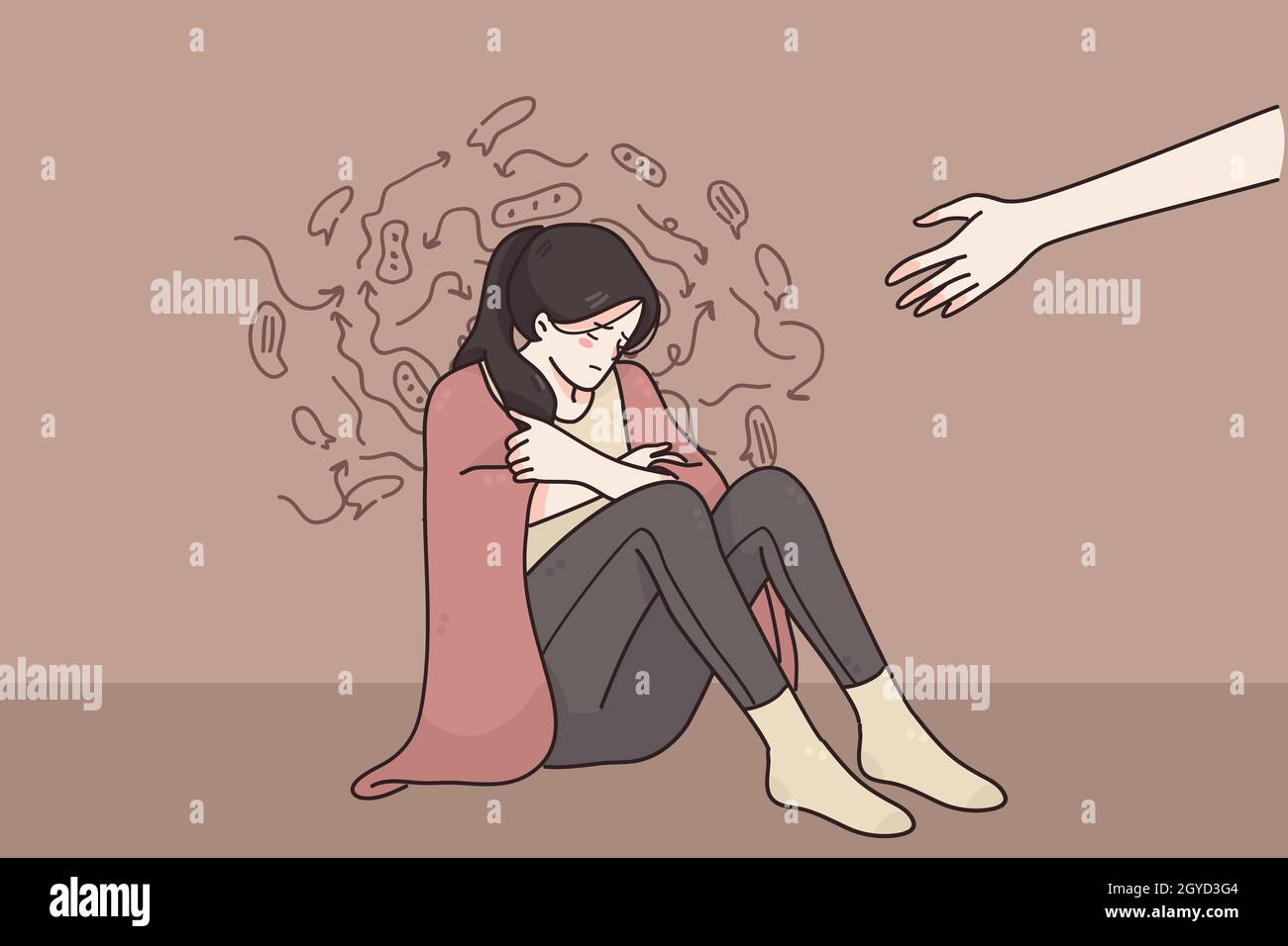Helping hand, support, depression concept. Someone giving hand to depressed crying unhappy woman sitting on floor with negative thoughts in blanket ve Stock Photo