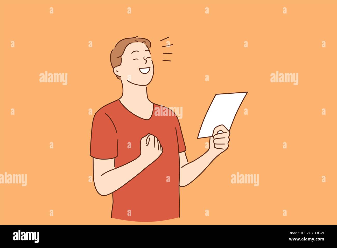 Positive emotions, celebrating concept. Young smiling happy boy cartoon character standing with note or letter feeling excited with news celebrating v Stock Photo