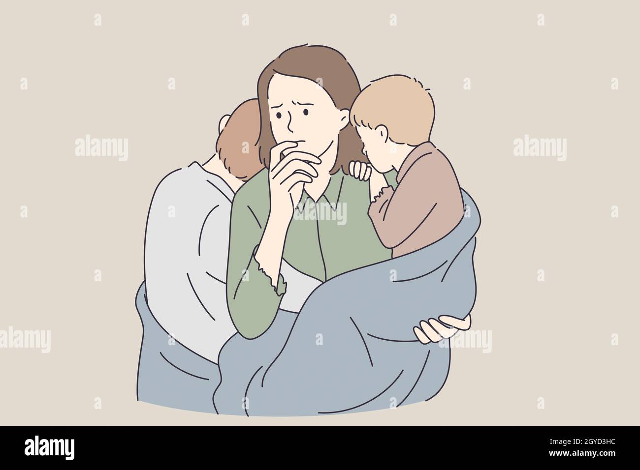 Poverty, single mother, troubles concept. Young sad unhappy mother woman cartoon character with two children standing feeling upset having no enough m Stock Photo