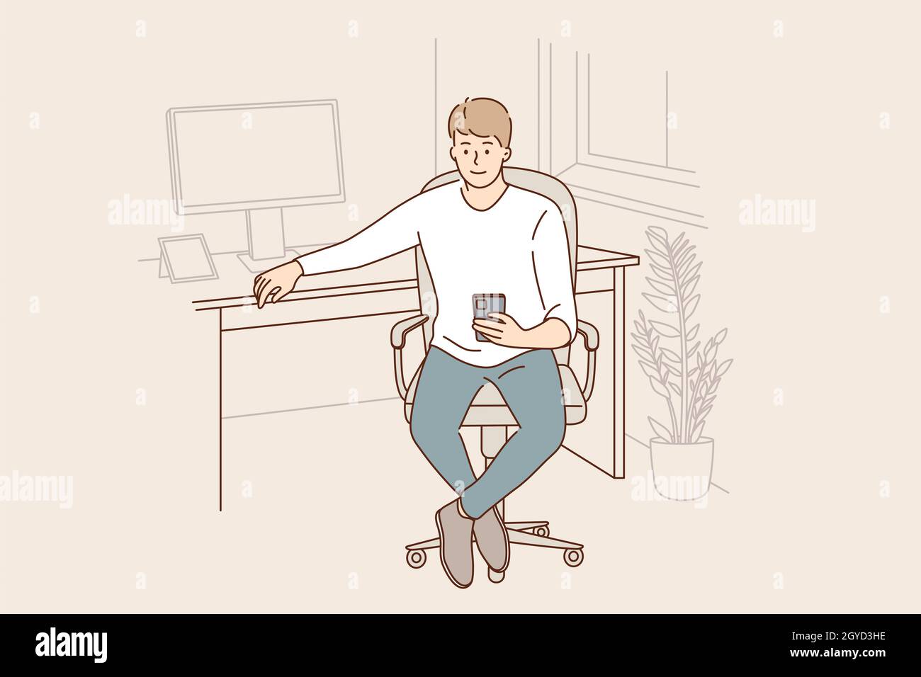 Modern technologies and working in office concept. Young positive man worker cartoon character sitting at laptop and holding smartphone in hand in off Stock Photo
