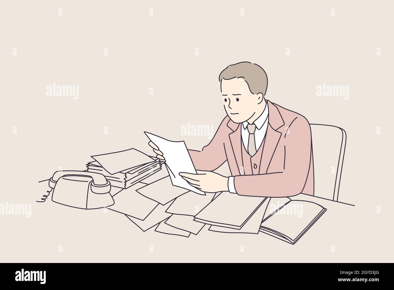 Debts, loss of job, bankrupt concept. Young frustrated businessmen cartoon character sitting reading negative news feeling down working during great d Stock Photo