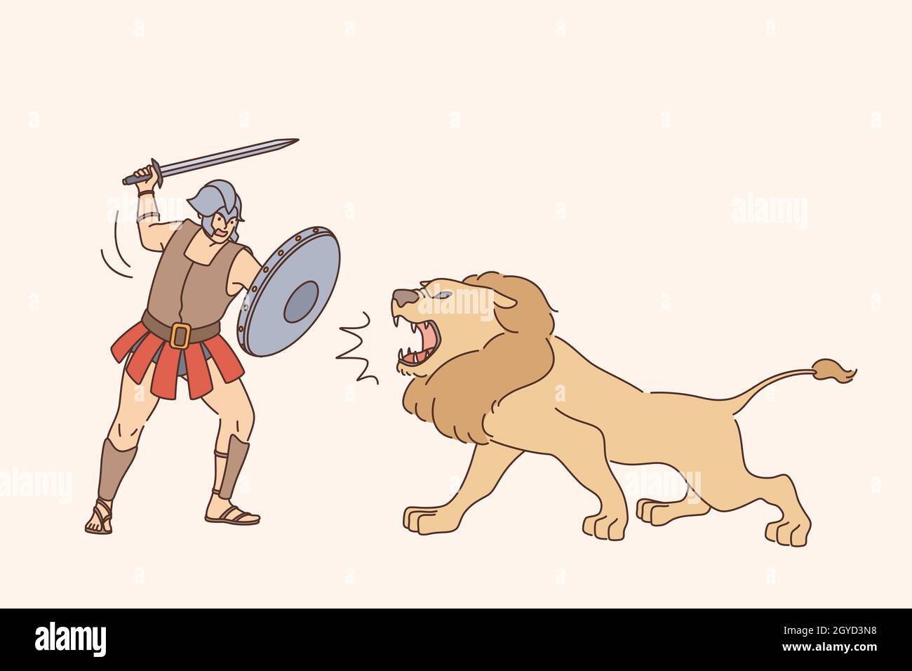 Gladiator with lion fight concept. Young man gladiator cartoon character in special uniform standing and fighting with lion during show vector illustr Stock Photo