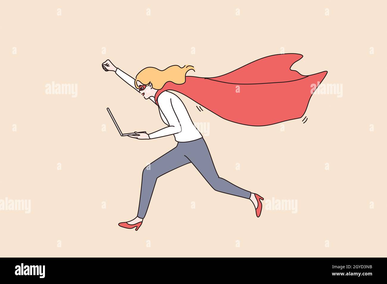 Business success and leadership concept. Young smiling positive businesswoman cartoon character running with laptop with raised hand and superman cost Stock Photo