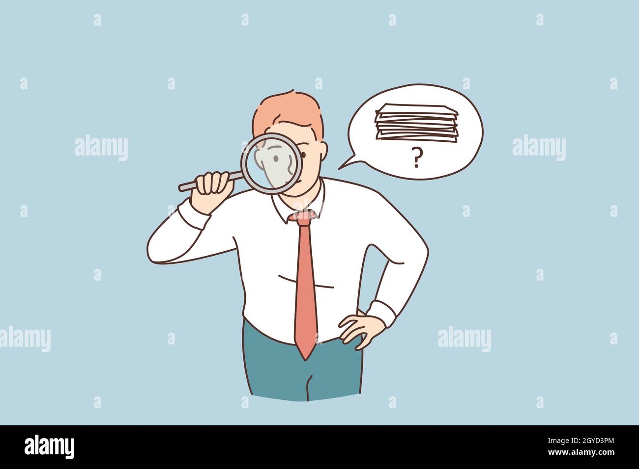 Searching for money or documents concept. Young attentive businessman cartoon character standing looking at magnifier trying to find money or official Stock Photo