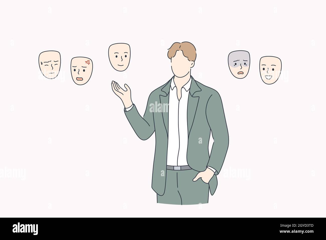 Choosing mood, self identity concept. Businessman without face standing and choosing right mask to wear trying to feel his identity and state of mind Stock Photo