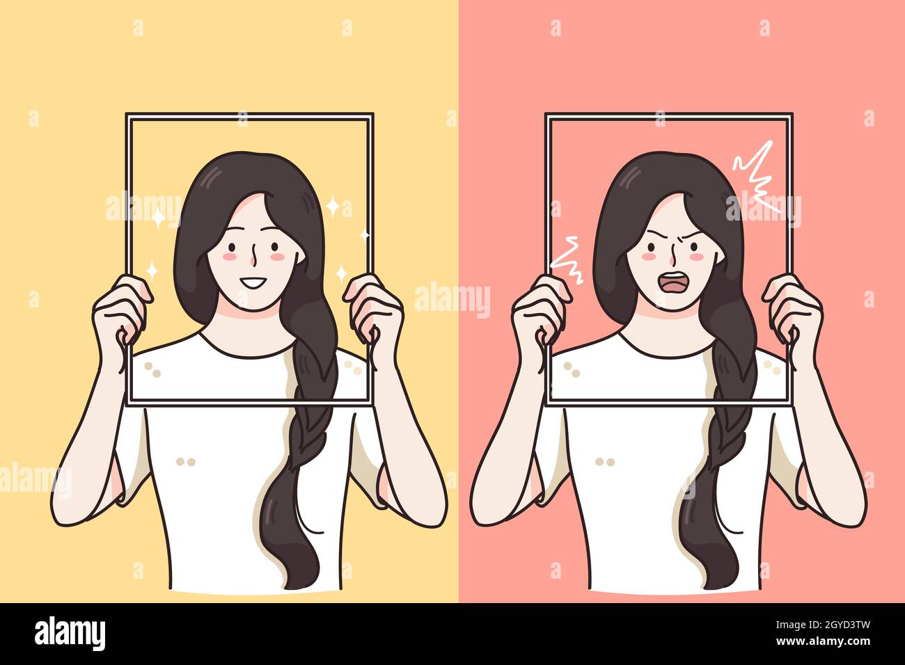 Mental changes, Contrasts in mood concept. Women holding frames with happy laughing cheerful and angry aggressive furious expression of faces over yel Stock Photo