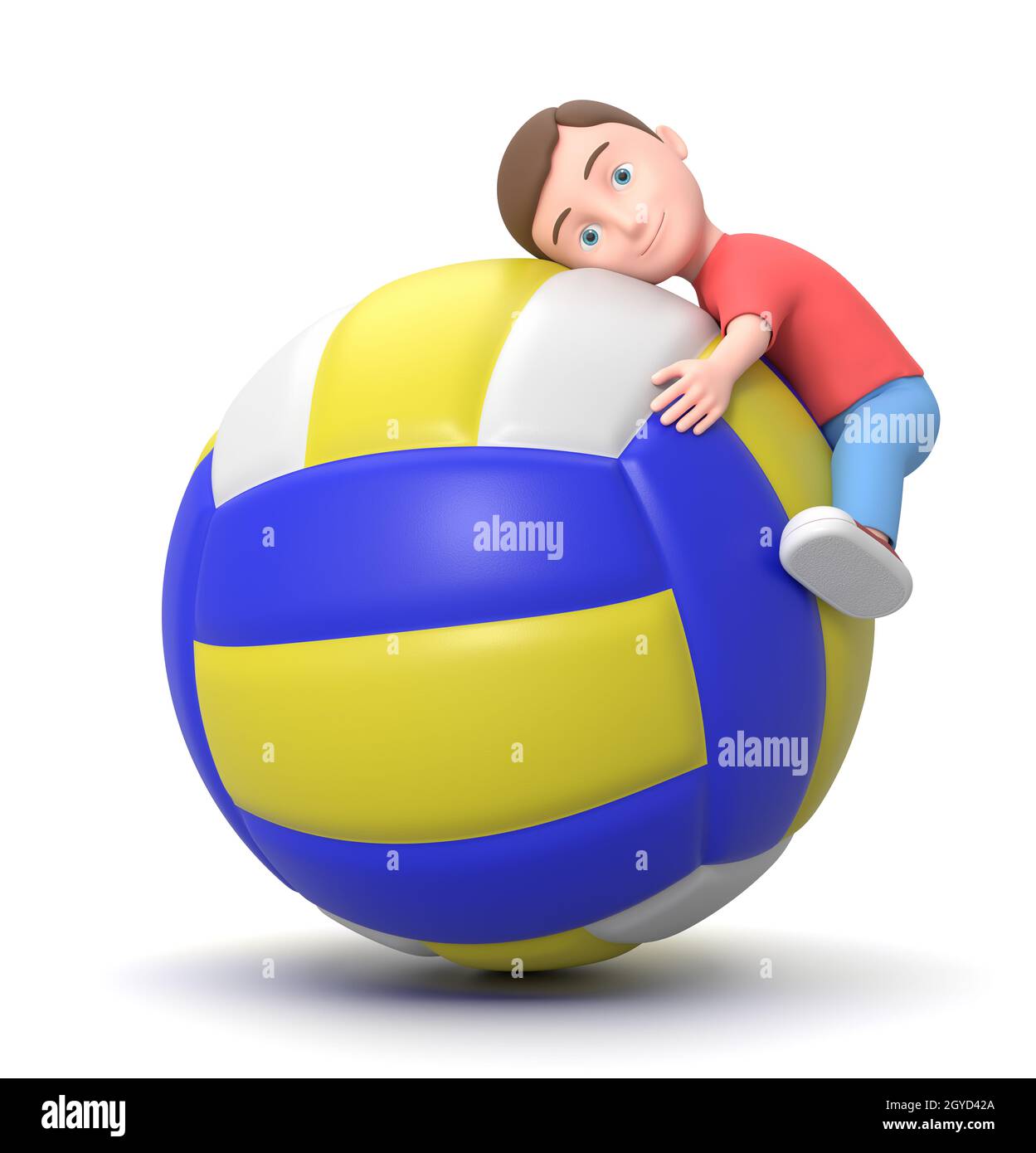 Smiling Little Young Kid Hugging a Big Volley Ball. 3D Cartoon