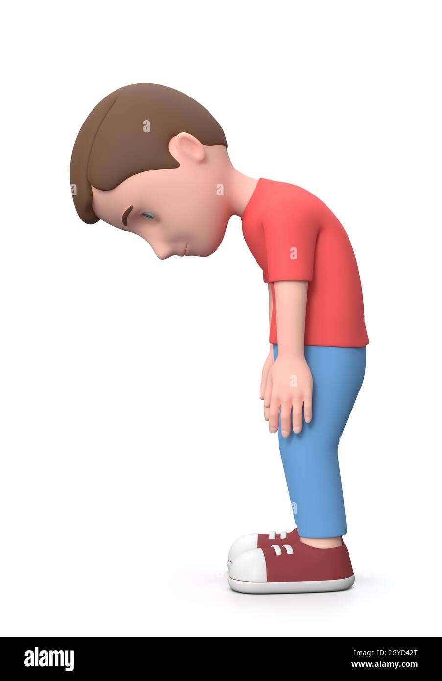 Sad Young Kid. 3D Cartoon Character Isolated on White Background 3D Illustration, Side View, Discouragement Concept Stock Photo