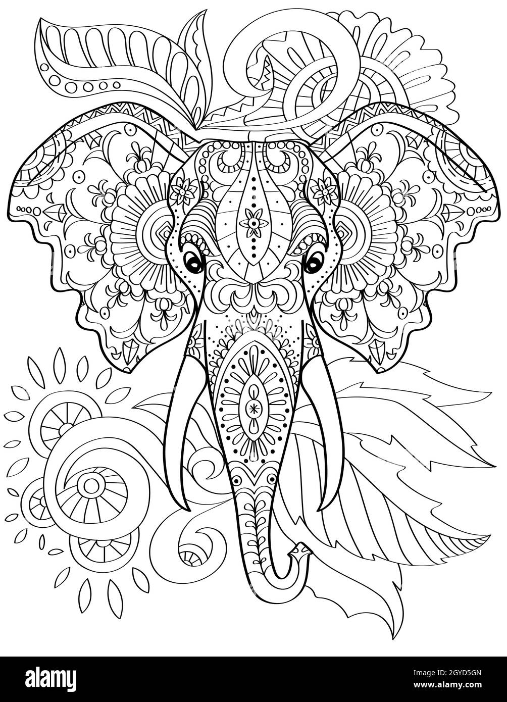 Large Elephant Head With Two Tusks Faces Forward Colorless Line Drawing. Stock Photo