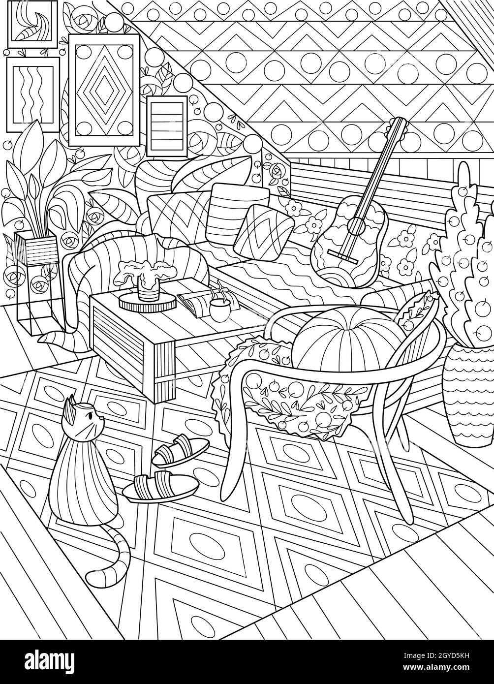 House Living Room Line Drawing With Chairs Center Table Couch Guitar Plant Stock Photo Alamy
