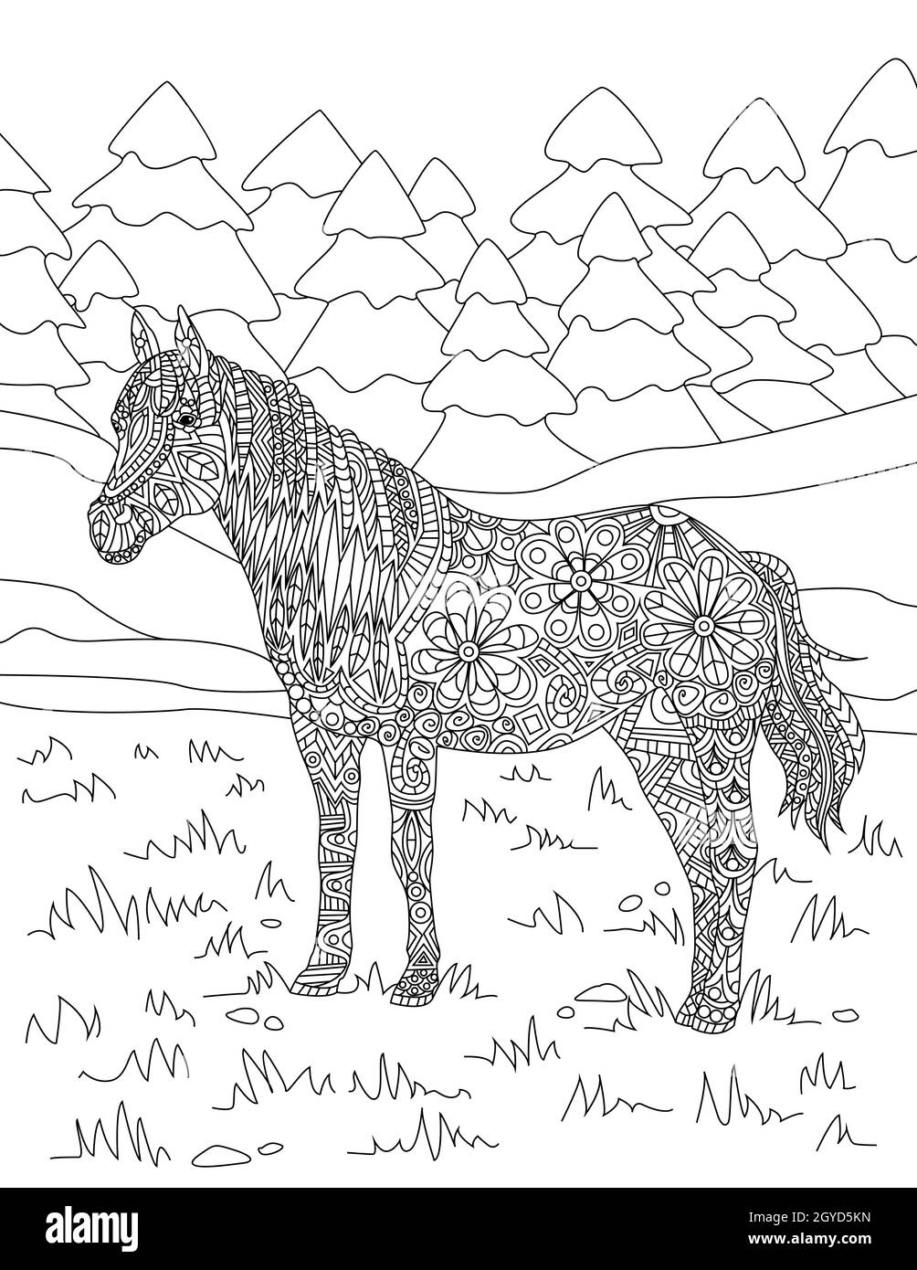 Horse Standing On Grassfields Tall Tree Forest Background Line Drawing. Stock Photo