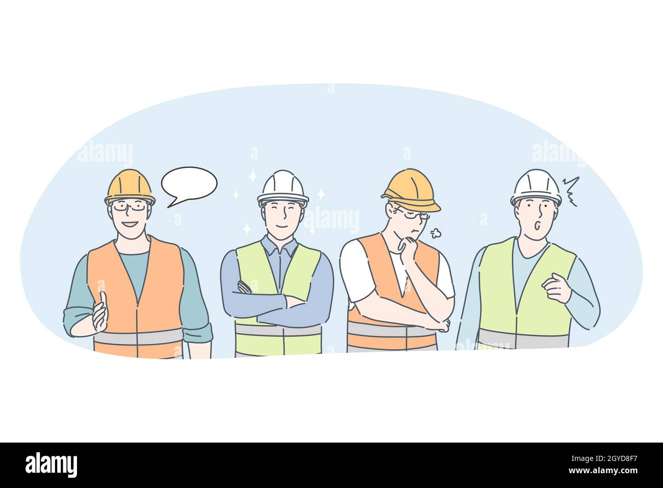 Engineering and construction workers concept. Men professional engineers, builders and managers cartoon characters in protective helmets and uniform c Stock Photo