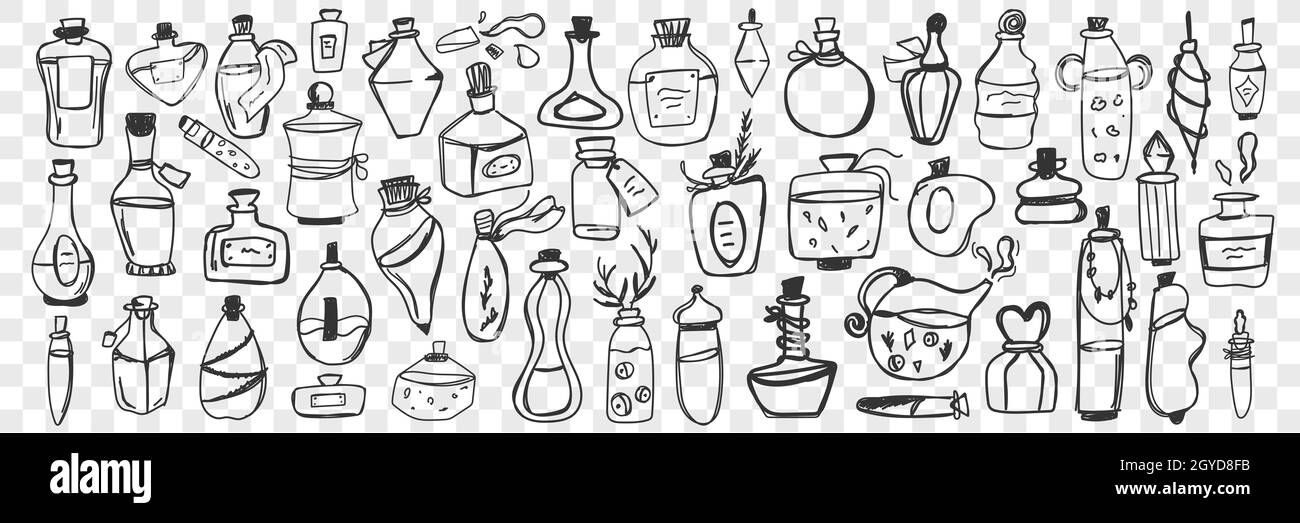 Glass containers doodle set. Collection of hand drawn bottle, jar, vial