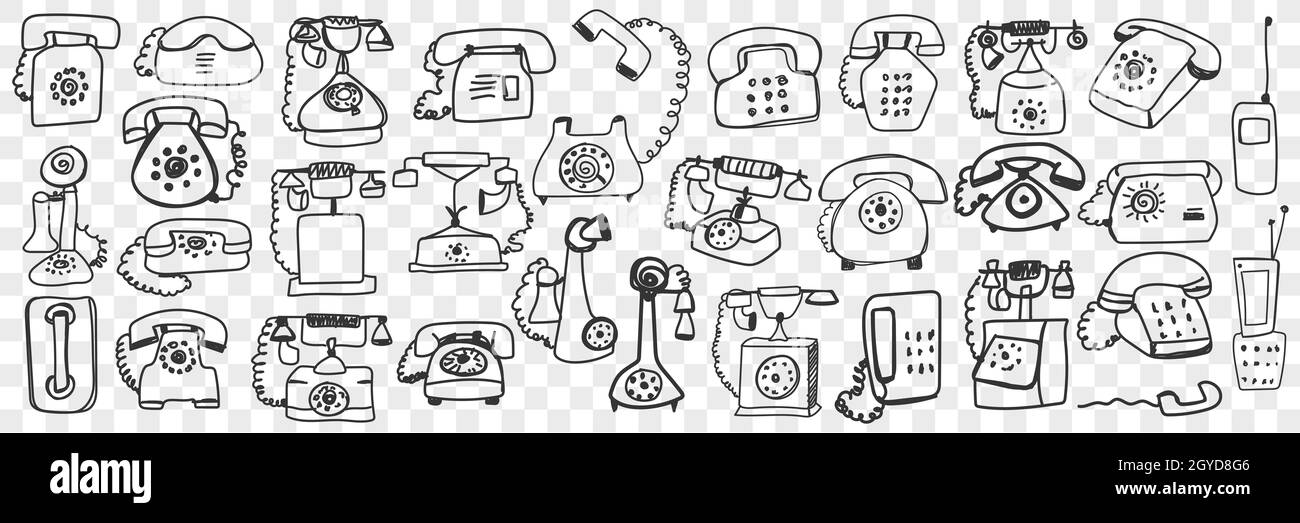 Telephone set doodle set. Collection of hand drawn retro vintage telephone sets with tube and wires isolated on transparent background. Illustration o Stock Photo