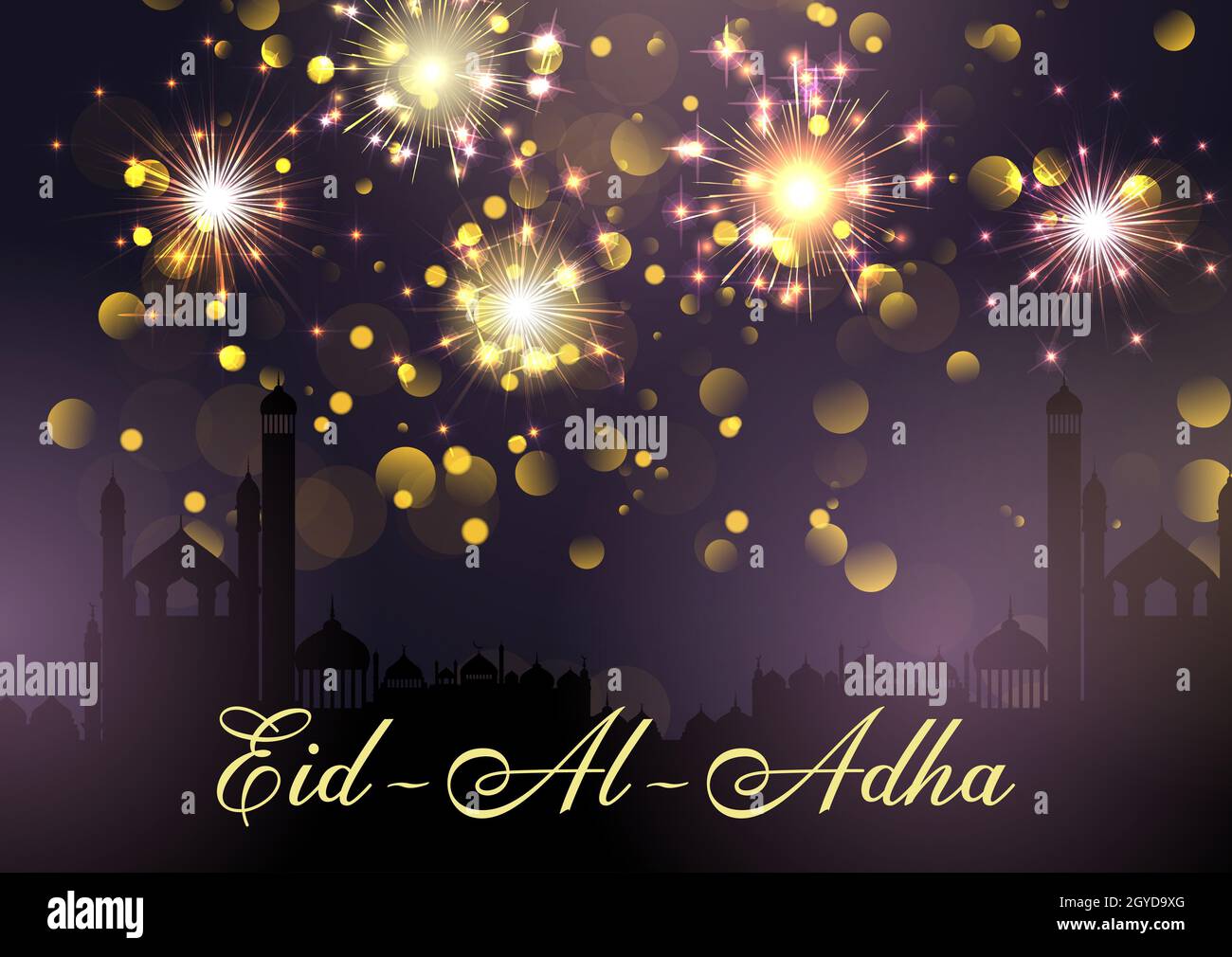 Eid Al Adha background with mosques and fireworks design Stock Photo