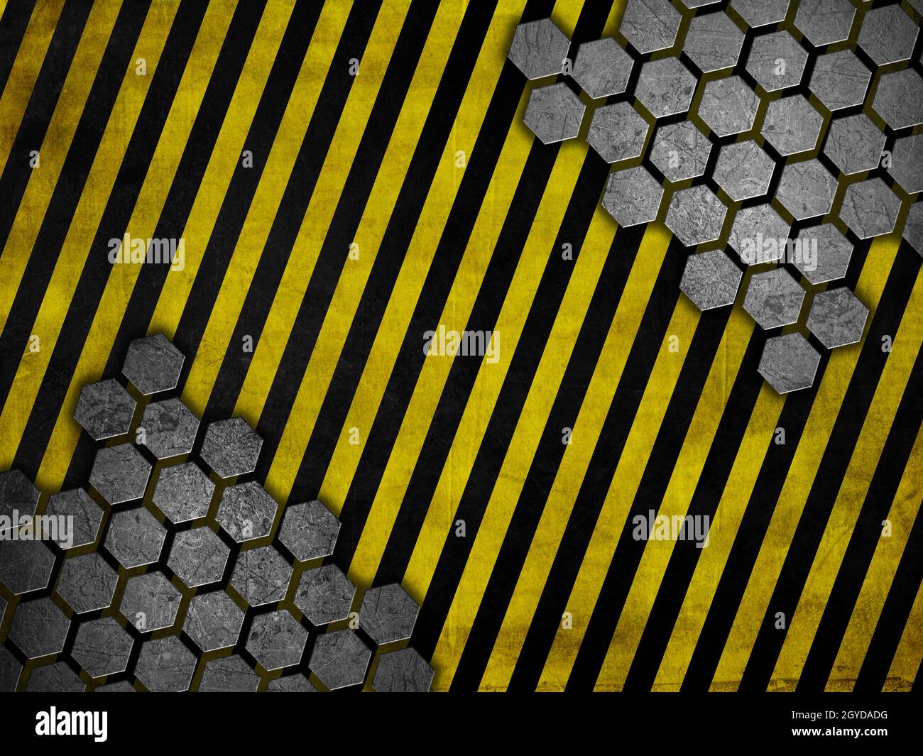 Grunge style metallic background with yellow and black warning stripes ...