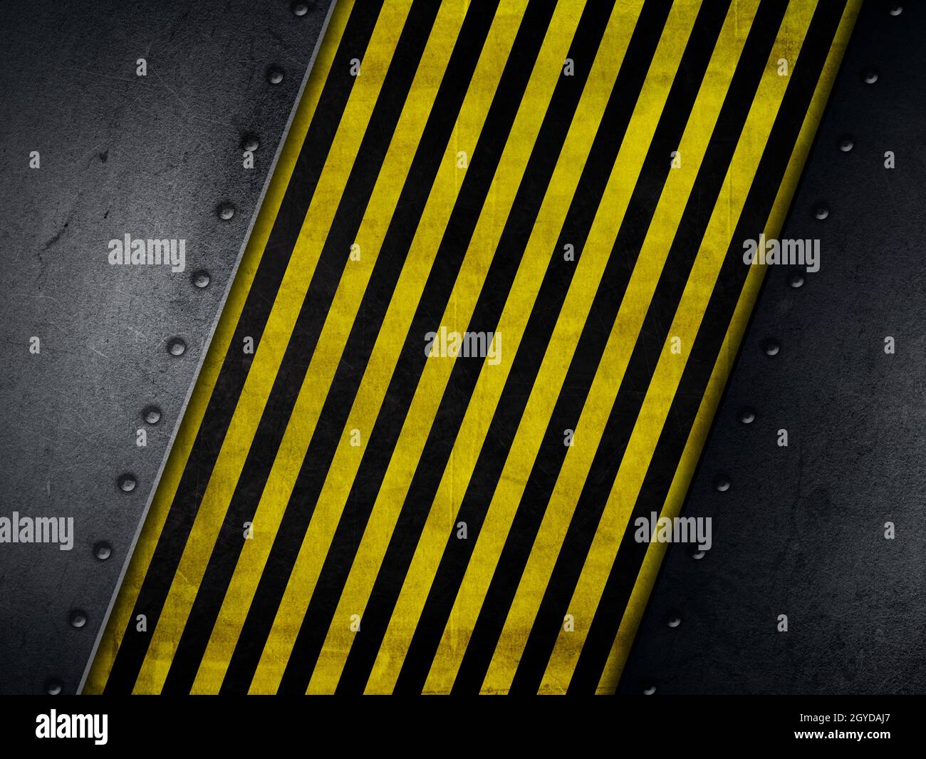 Grunge style metallic background with yellow and black warning stripes ...