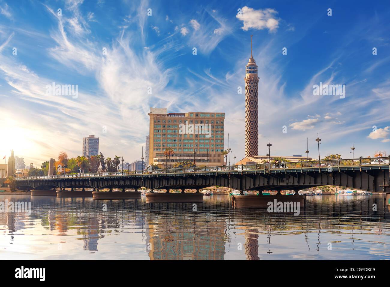 View on the Cairo Tower in Gezira island and the bridge over the Nile ...