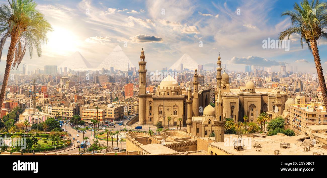 Mosque-Madrasa of Sultan Hassan behind the palm trees, Cairo, Egypt. Stock Photo