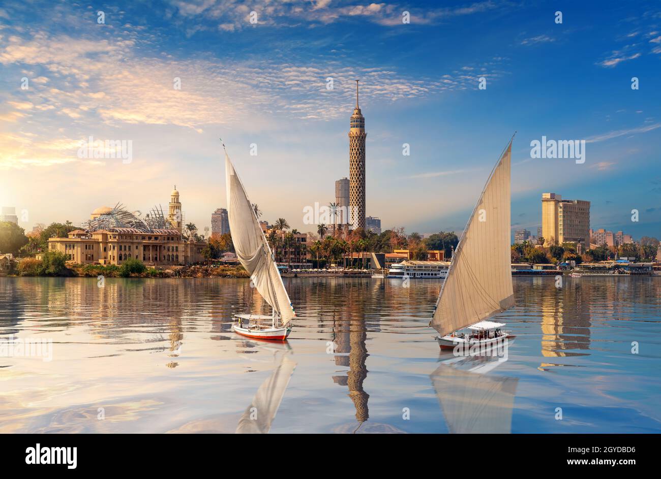 Cairo downtown, beautiful view of the Nile and sailboats, Egypt Stock ...