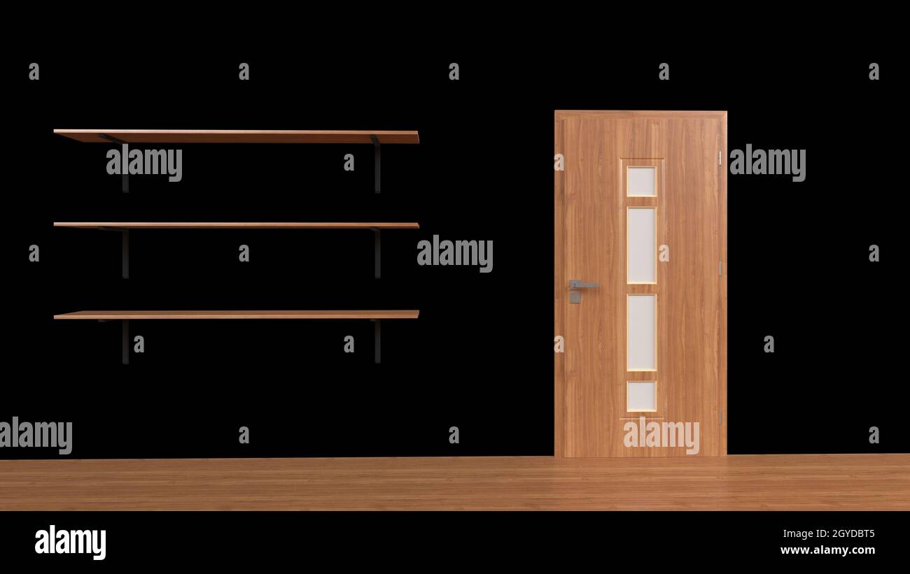 3d render of a set of shelves isolated on wall background Stock Photo