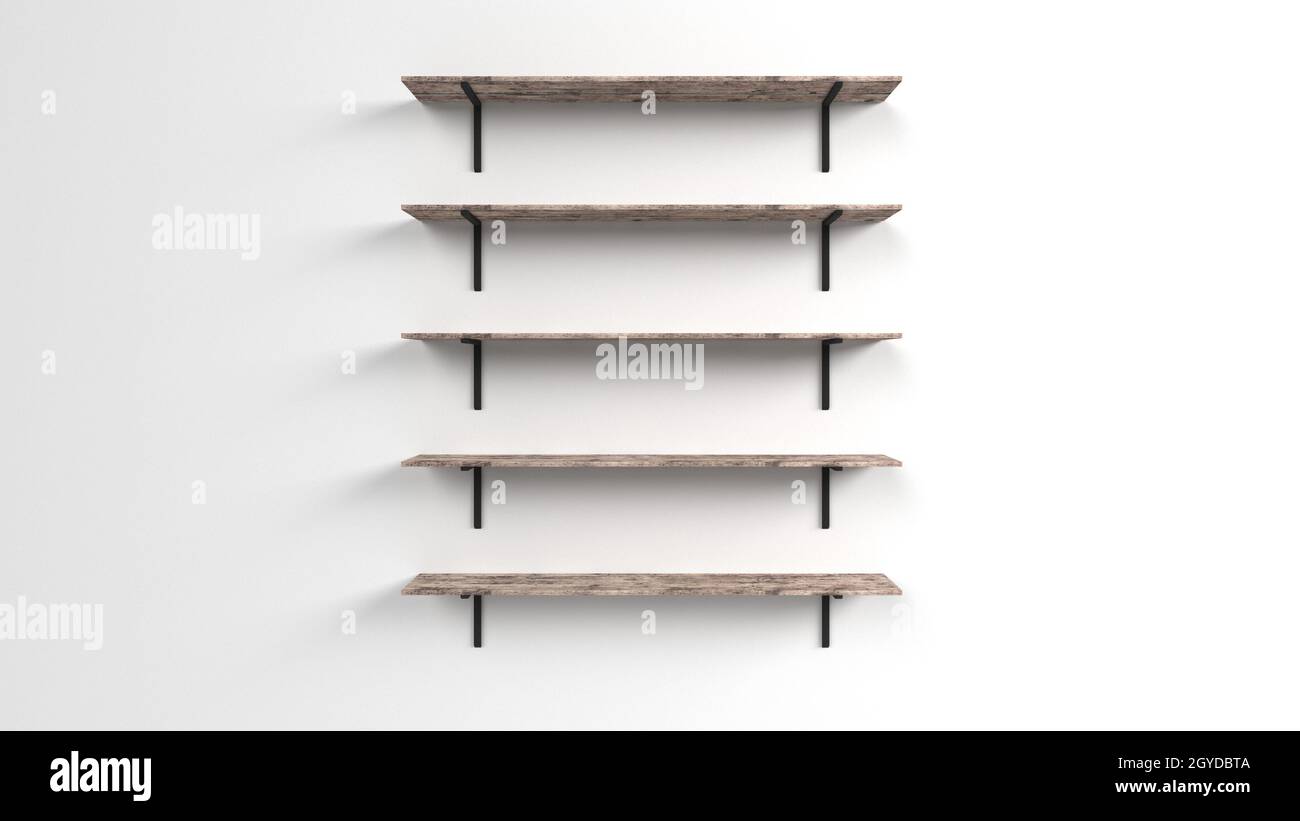 3d render of a set of shelves isolated on wall background Stock Photo ...