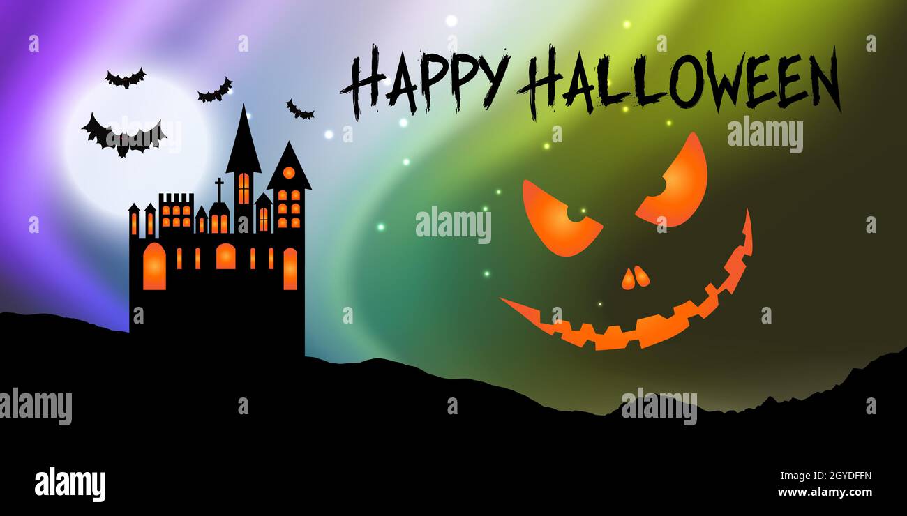 halloween banner with spooky castle and pumpkin face Stock Photo - Alamy