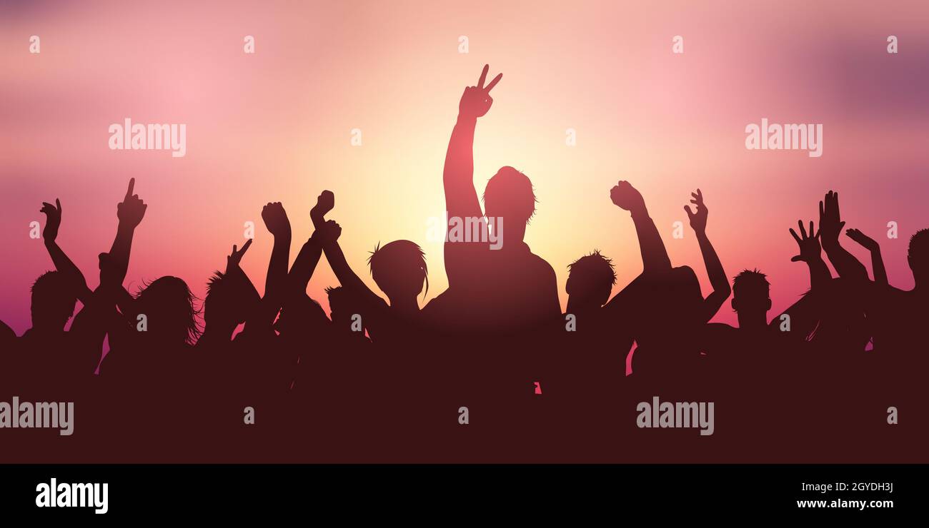 Silhouette of a party crowd banner design against sunset sky Stock Photo -  Alamy