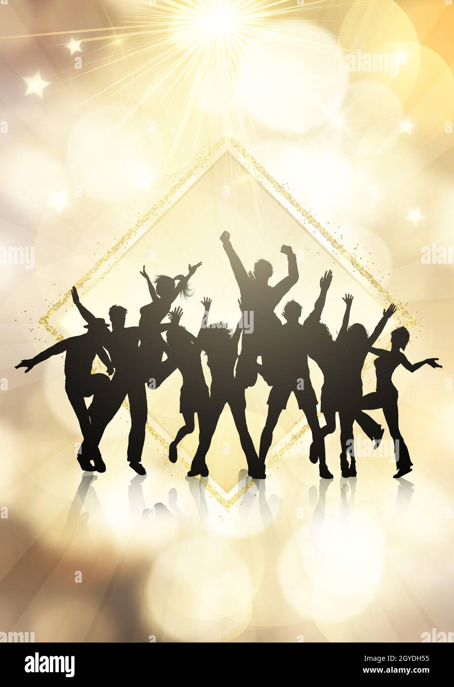 Silhouette of a party crowd on a gold bokeh lights background Stock ...