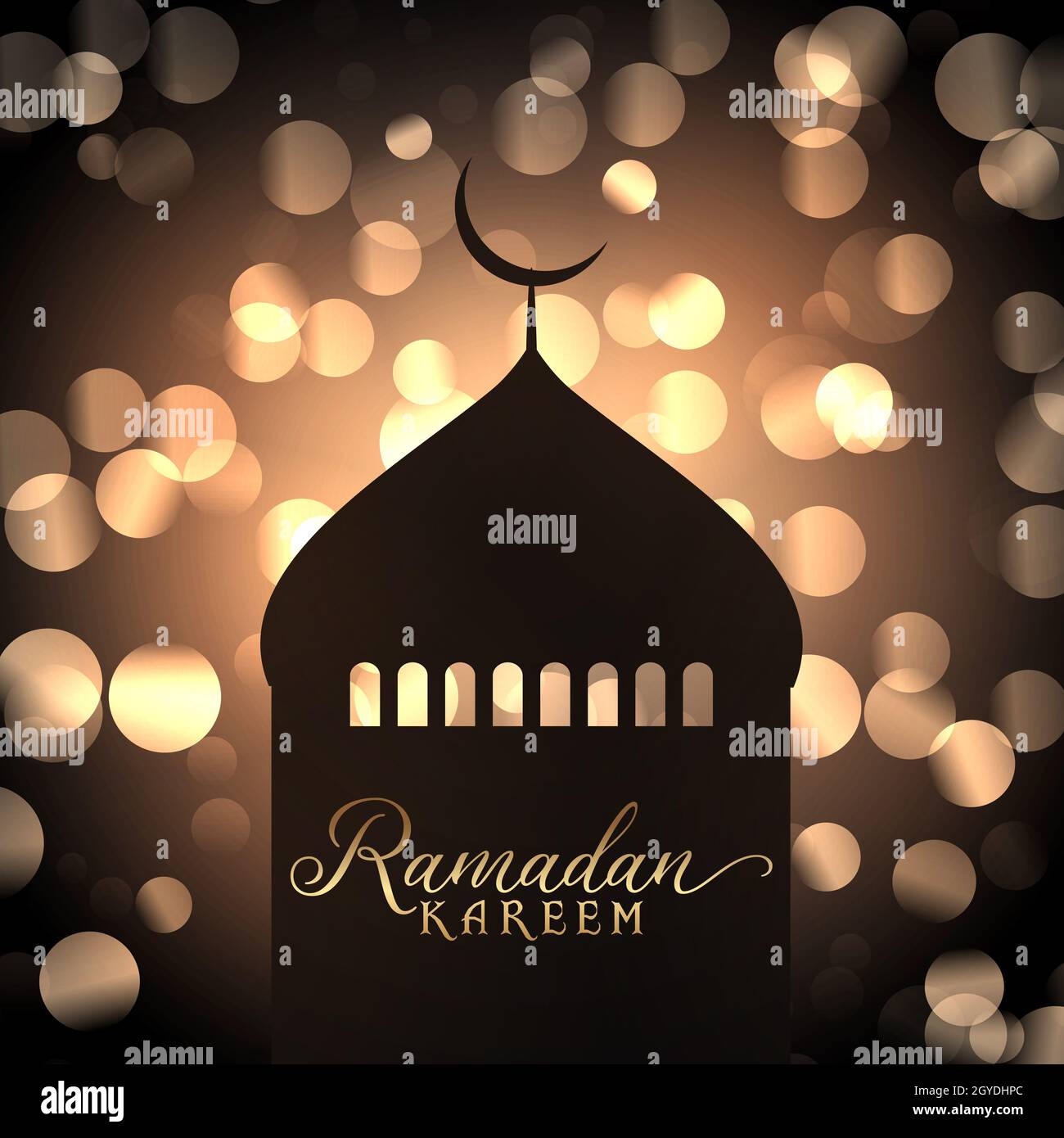 Ramadan Kareem background with mosque silhouette against gold bokeh lights design Stock Photo