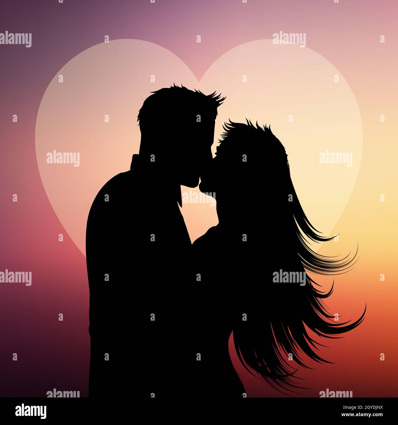 Silhouette of a couple kissing on a heart background Stock Photo - Alamy