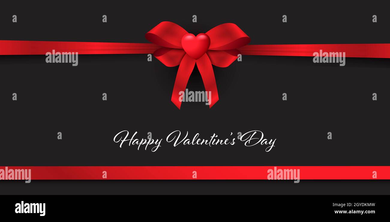 Valentines Day banner with red ribbon gift bow with heart Stock Photo