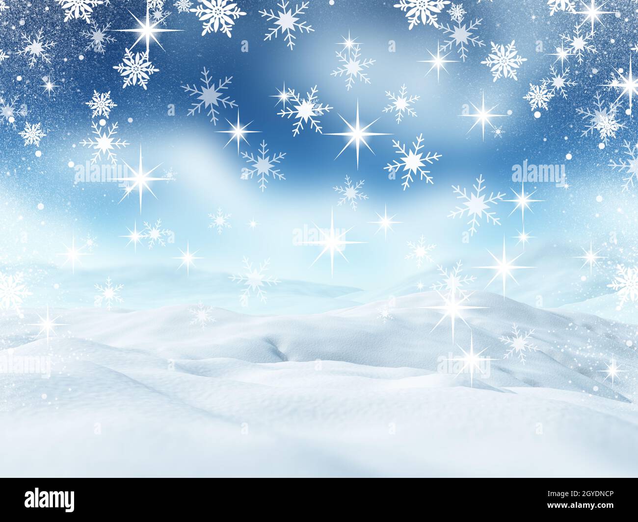 3D render of a Christmas landscape with snow and falling snowflakes