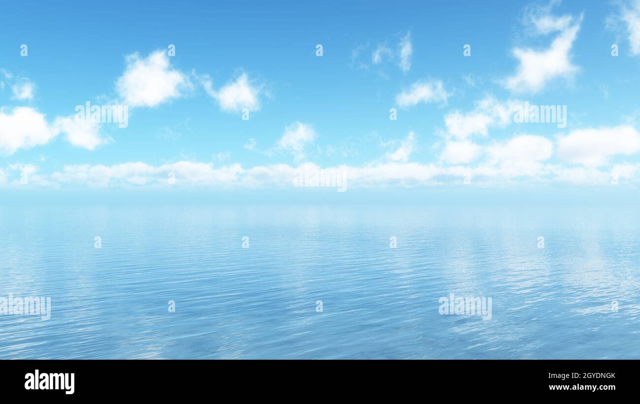3D render of a blue ocean landscape with fluffy white clouds Stock ...