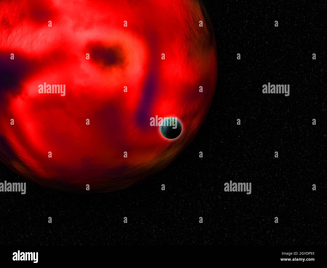 3D render of a fictional space scene with Earth like against