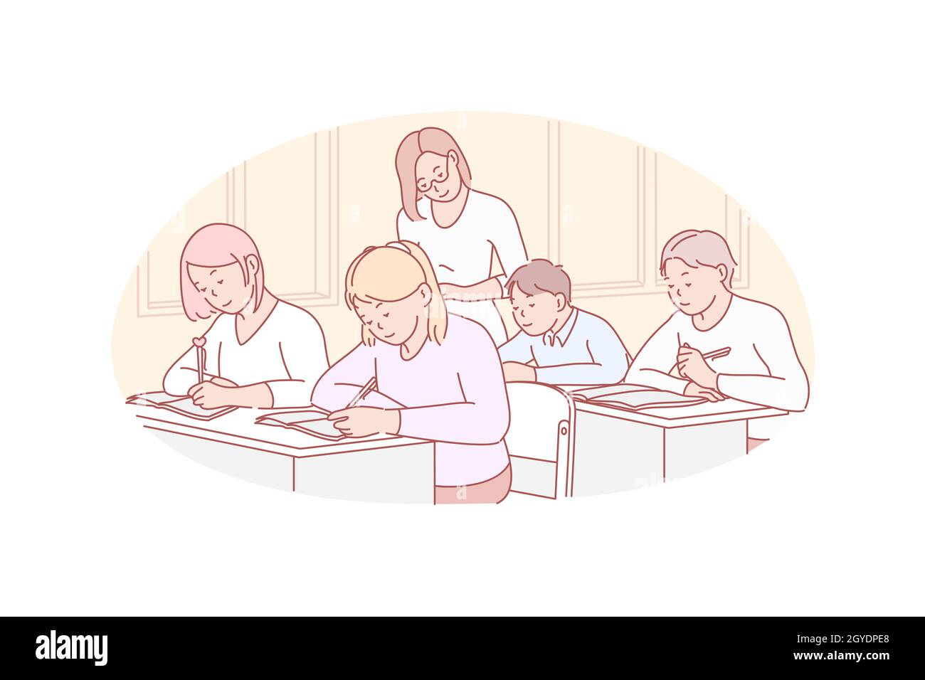 Education, teaching, school concept. Young teacher examinates school children. Concentrated group of pupils, boys and girl take educational exam while Stock Photo