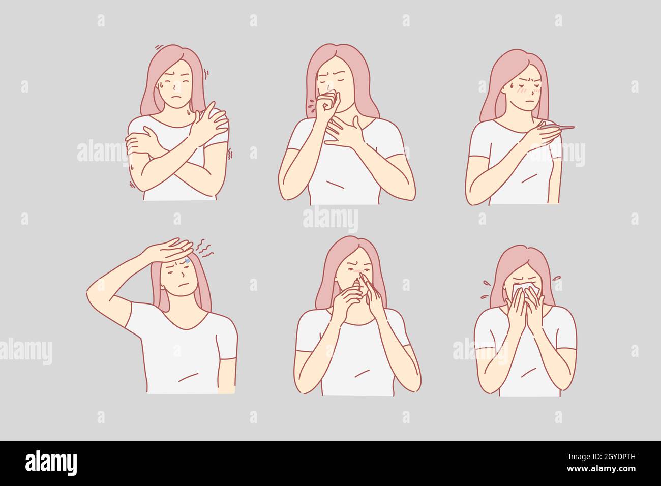 Health, pain, desease set concept. Young woman has desease and uses nose drops. Sick girl has headache, sneezes on handkerchief and coughs. Female has Stock Photo