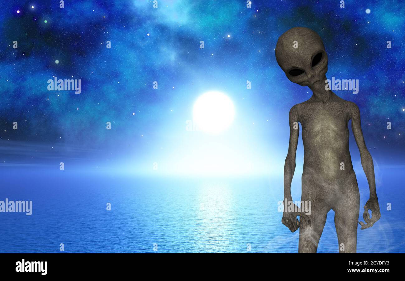3D render of a halloween landscape with alien against ocean space scene ...