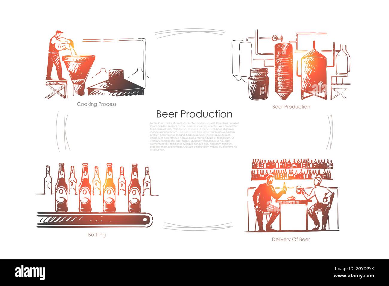 Brewery, ale fermentation process, beverage bottling and delivery, brewer with yeast at alcohol factory banner. Beer production industry, lager brewin Stock Photo